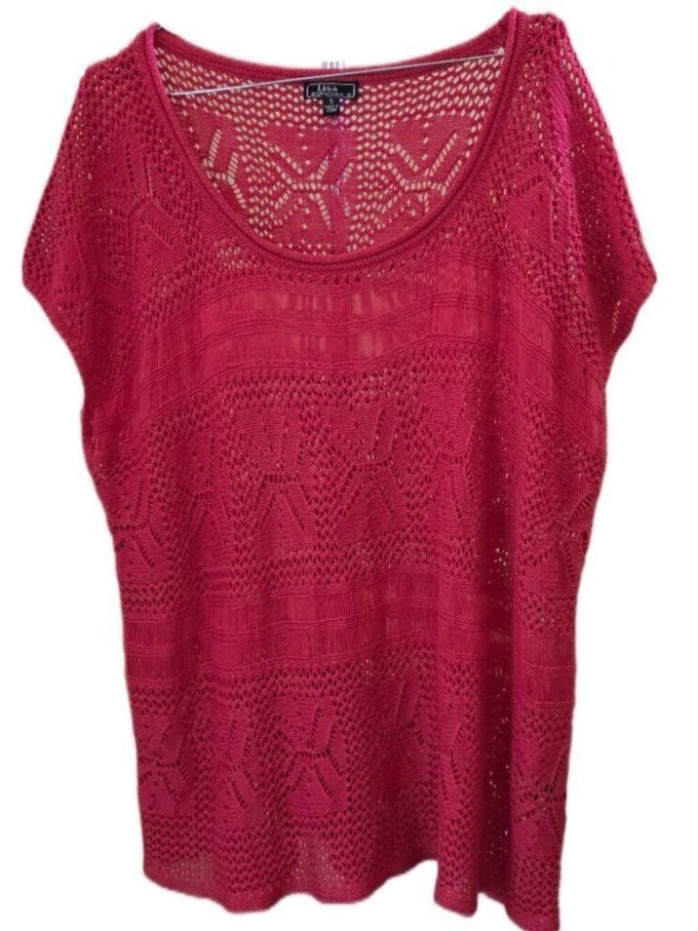 Lisa International Dark Pink Short Sleeve Crochet See Through Light Sweater